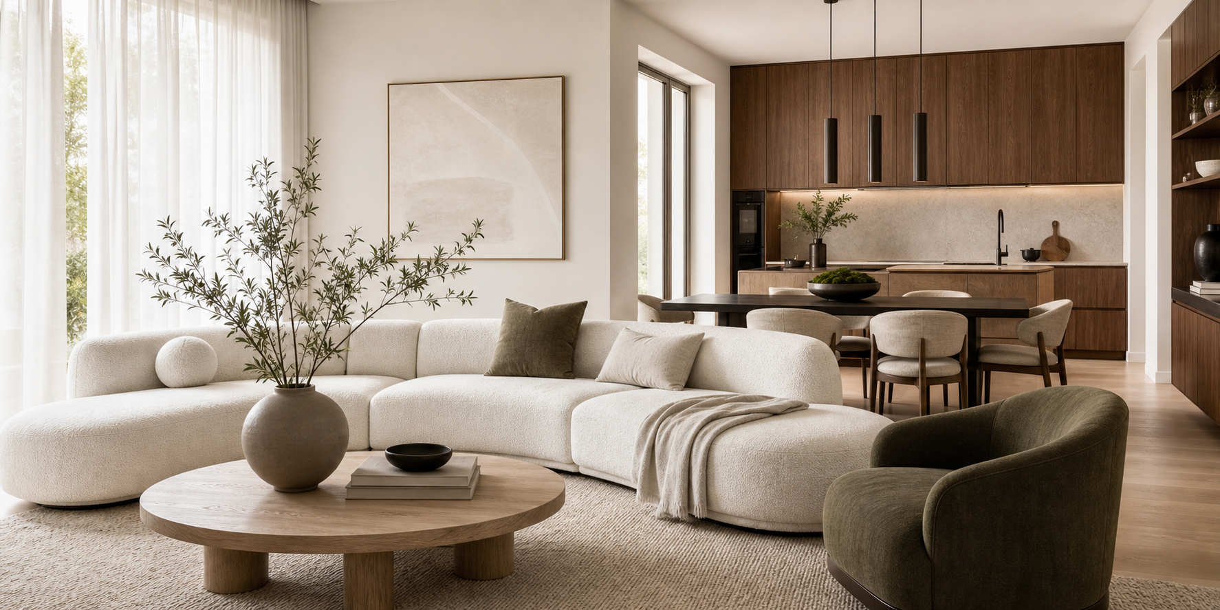 Warm open-plan living, dining, and kitchen interior