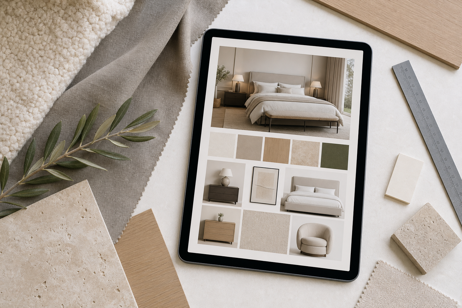 Room design presentation displayed on a tablet with material samples
