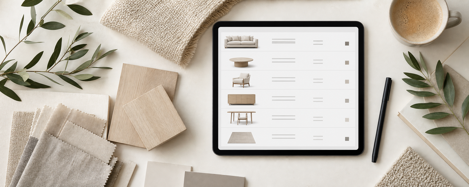 Furniture selection list displayed on a tablet with coordinated samples