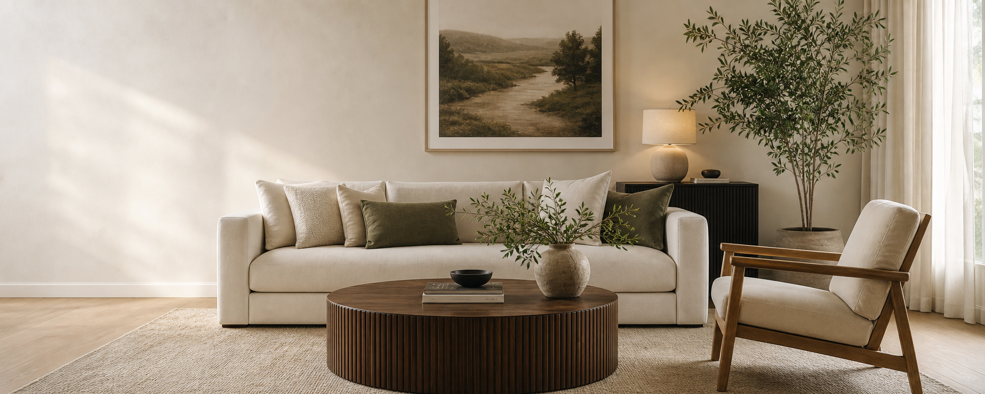 Carefully styled warm contemporary living room