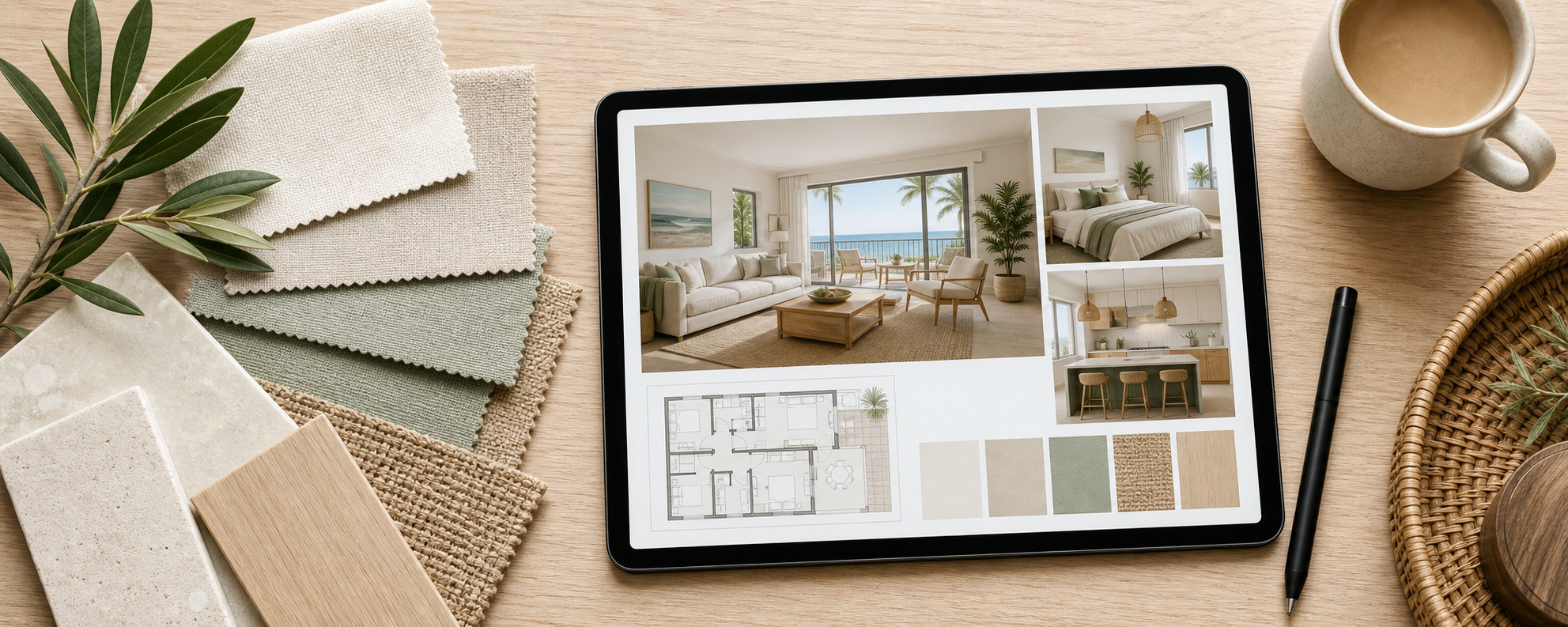 Vacation rental design package displayed on a tablet with durable material samples