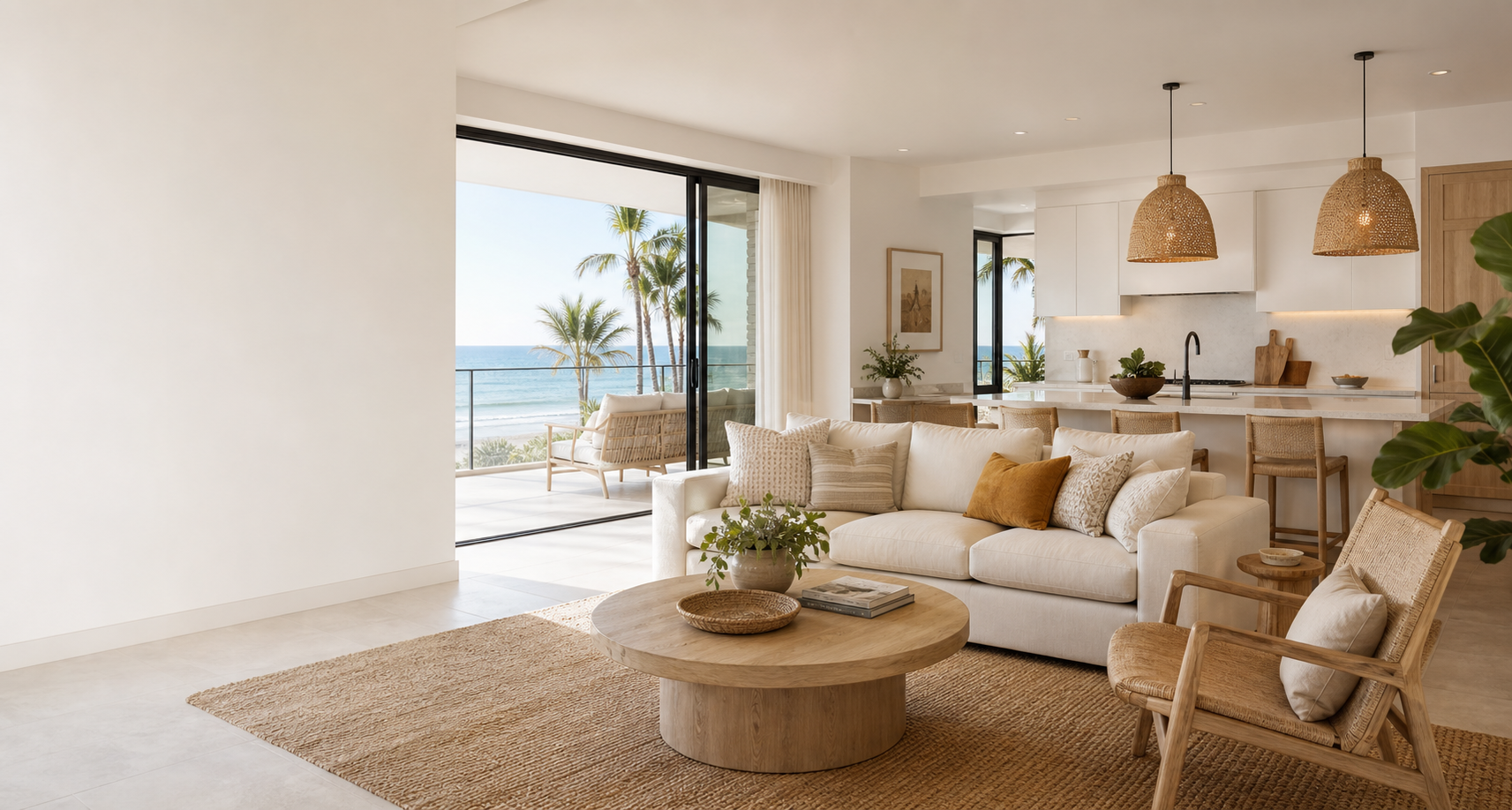 Guest-ready coastal vacation rental living room and kitchen